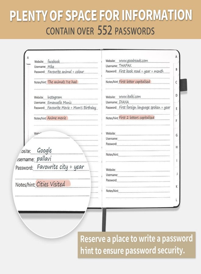Blugool Password Book with Alphabetical Tabs, Hardcover Password Keeper, Password Notebook Organizer for Computer and Internet Address Website Login, Gifts for Home and Office, 5.3''x 7.7''- Black - Image 4